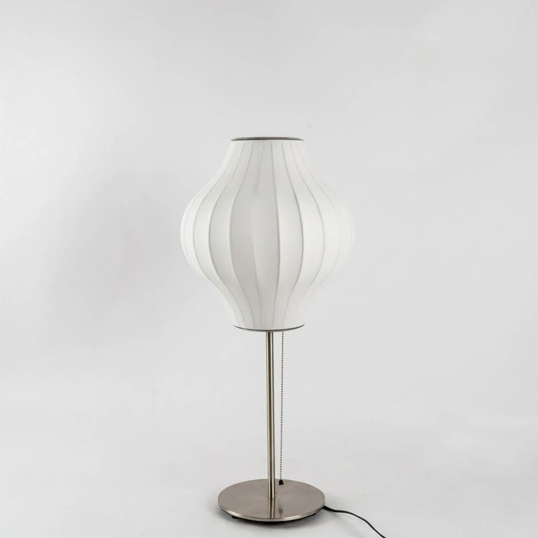 Maeve tall chrome faux silk console lamp Model C 26 inch medium high mid century modern white shade chrome base white background