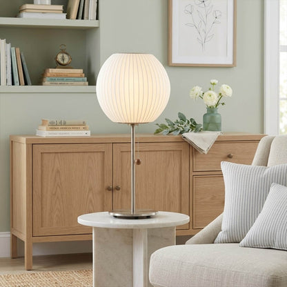 Maeve Model A tall chrome faux silk console lamp 29 inch sofa side living room mid century modern warm glow interior