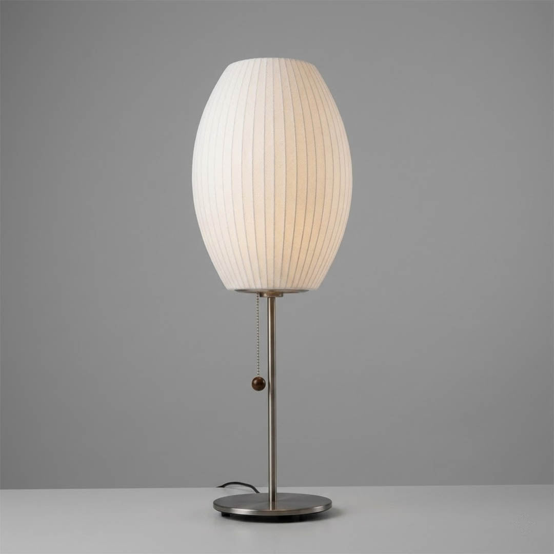 Maeve tall chrome faux silk console lamp Model A 29 inch tall mid century modern white shade chrome base white background