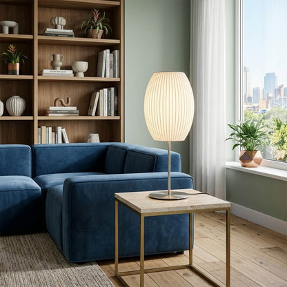 Maeve Model A tall chrome faux silk console lamp 29 inch sofa side living room mid century modern warm glow interior