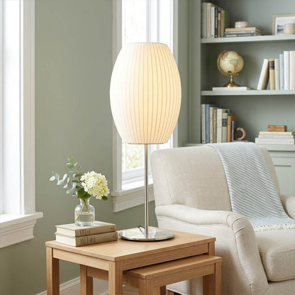 Maeve Model A tall chrome faux silk console lamp 29 inch sofa side living room mid century modern warm glow interior