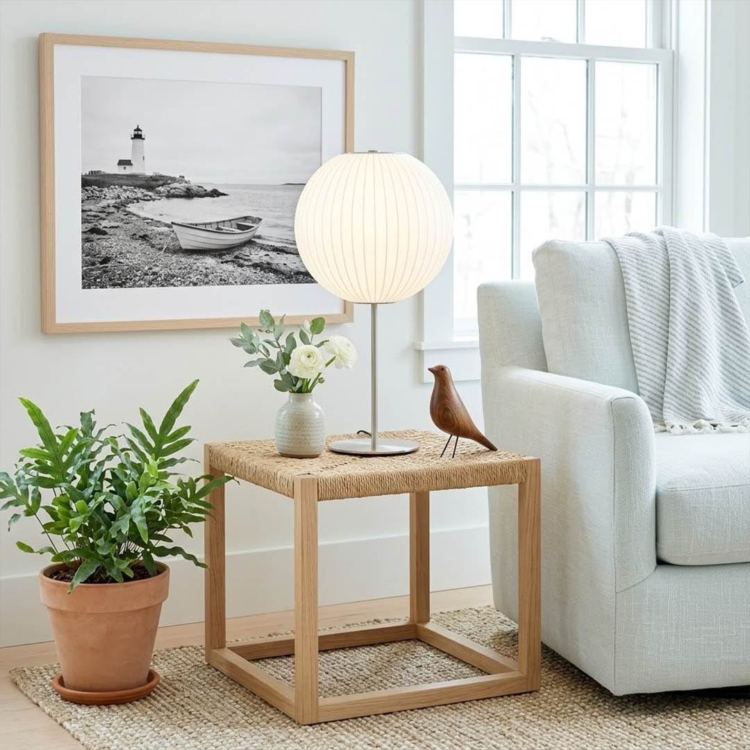 Maeve Model A tall chrome faux silk console lamp 29 inch sofa side living room mid century modern warm glow interior