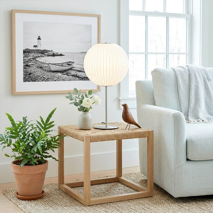 Maeve Model A tall chrome faux silk console lamp 29 inch sofa side living room mid century modern warm glow interior