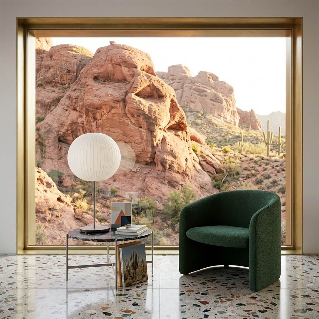 Maeve tall chrome console lamp Mid Century modern living room Eames era furniture warm Edison glow architectural luxury interior