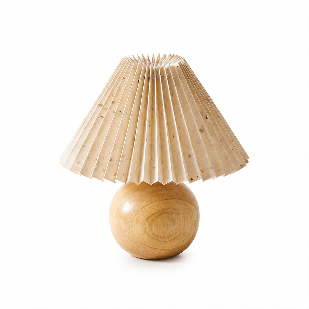 Mame table lamp small wooden base khaki fabric drum shade model B style 9.8 inch cube proportion wabi sabi Japanese inspired cute bedside vintage warm cozy alternative pattern white background
