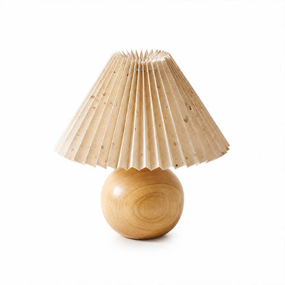 Mame table lamp small wooden base khaki fabric drum shade model B style 9.8 inch cube proportion wabi sabi Japanese inspired cute bedside vintage warm cozy alternative pattern white background