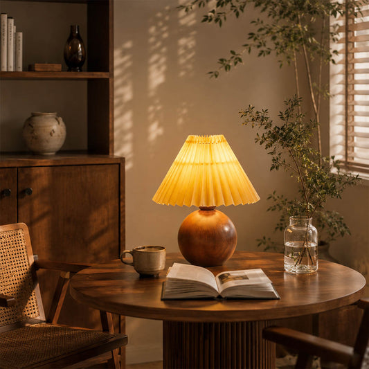 Mame table lamp small modern living room bookshelf side table books stack cozy reading small compact wooden khaki fabric wabi sabi Japanese inspired warm ambient intimate lifestyle interior American home