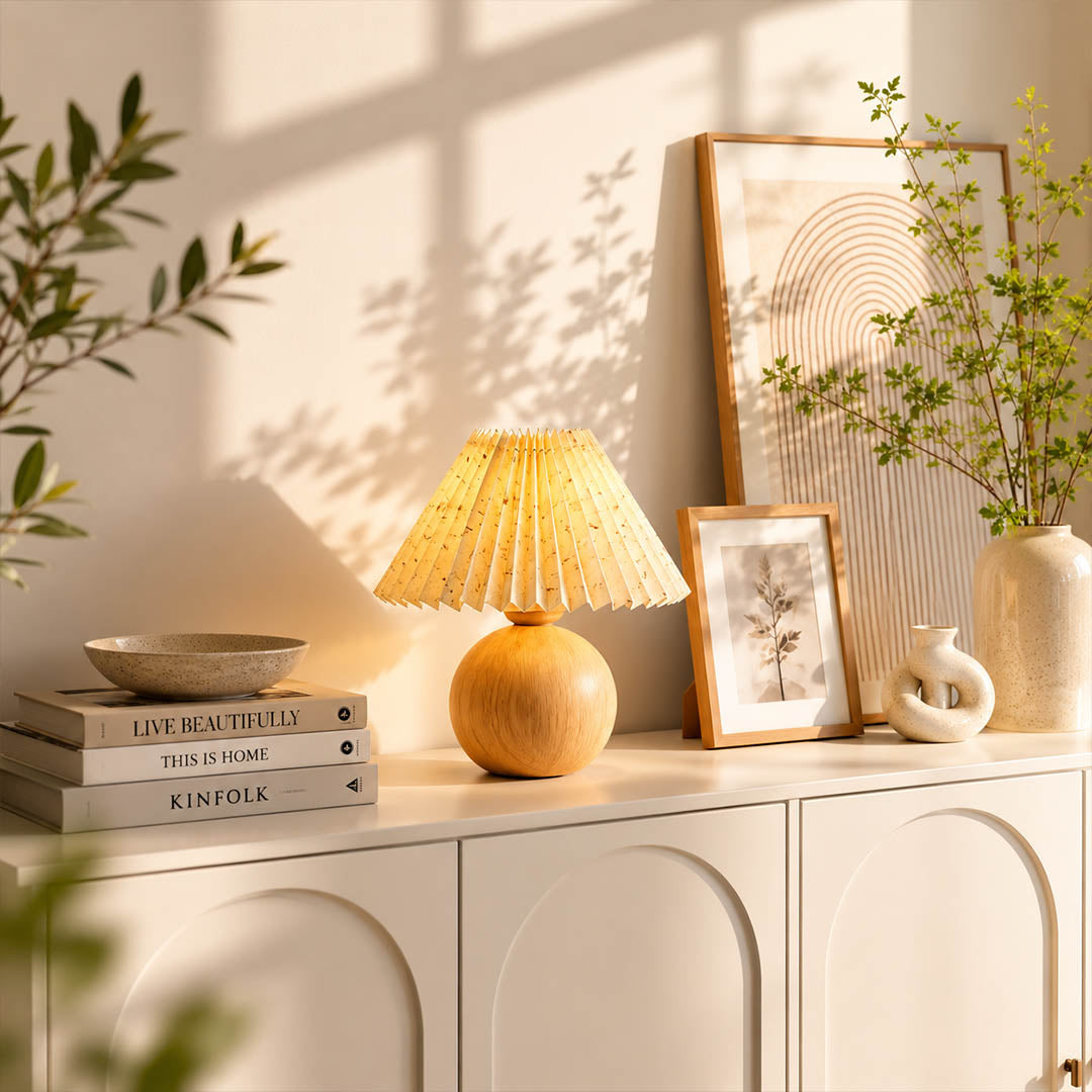 Mame table lamp small modern entryway foyer console welcome small compact wooden khaki fabric wabi sabi Japanese inspired warm ambient hospitality elegant lifestyle interior American home