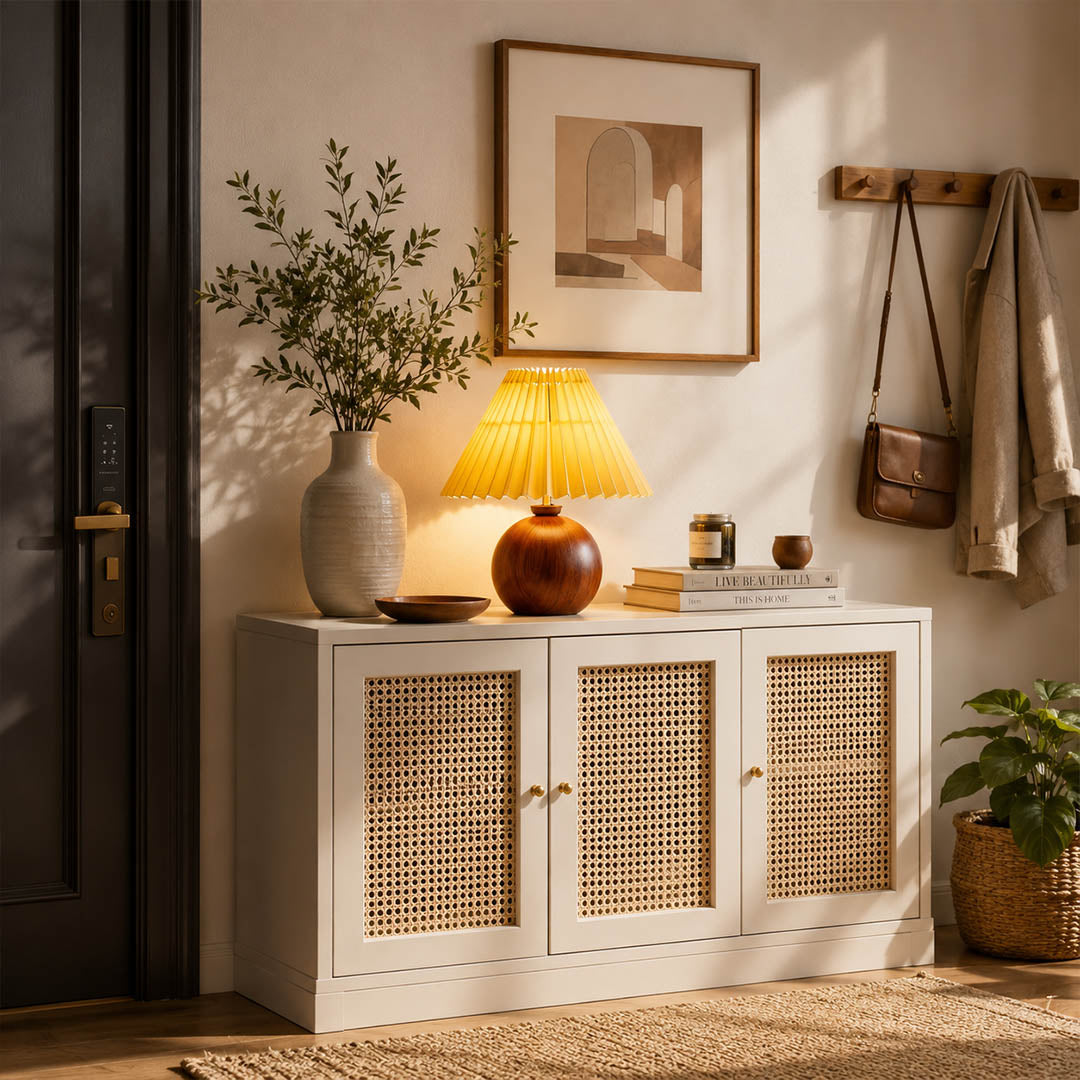 Mame table lamp small modern entryway foyer console welcome small compact wooden khaki fabric wabi sabi Japanese inspired warm ambient hospitality elegant lifestyle interior American home