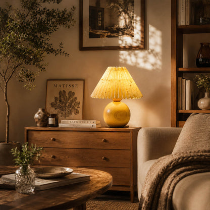 Mame table lamp small modern primary bedroom bedside nightstand small footprint compact khaki fabric wooden base wabi sabi Japanese inspired warm honey ambient cozy intimate lifestyle interior American home