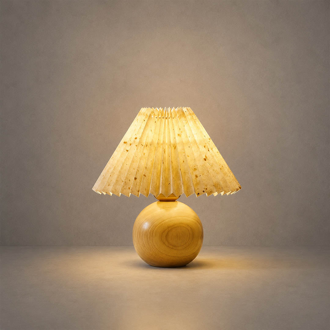 Mame table lamp small wooden base khaki fabric drum shade model B style 9.8 inch cube proportion wabi sabi Japanese inspired cute bedside vintage warm cozy alternative pattern white background
