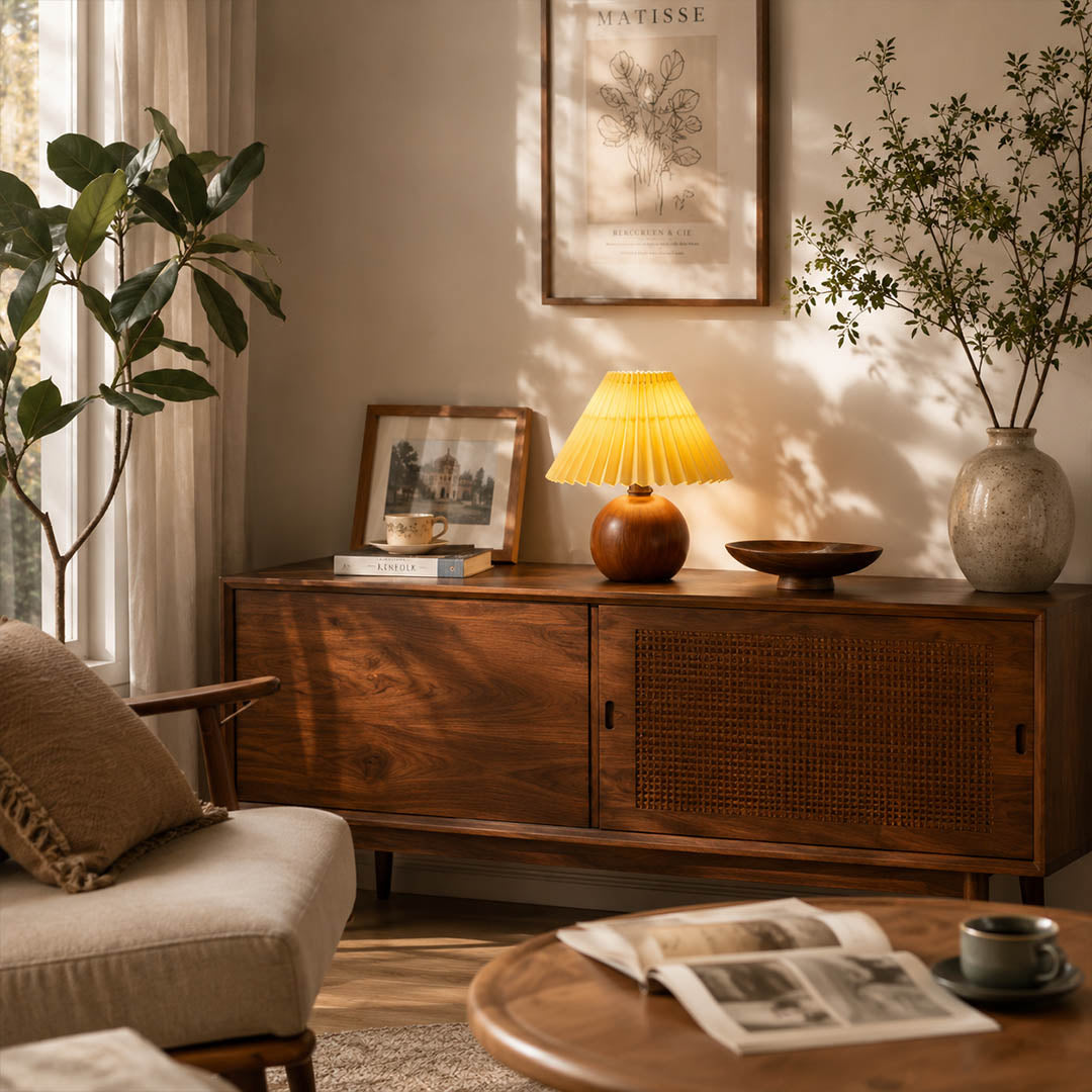 Mame table lamp small modern tea room ceremony space corner compact wooden khaki fabric wabi sabi Japanese inspired zen calm warm ambient meditative peaceful lifestyle interior