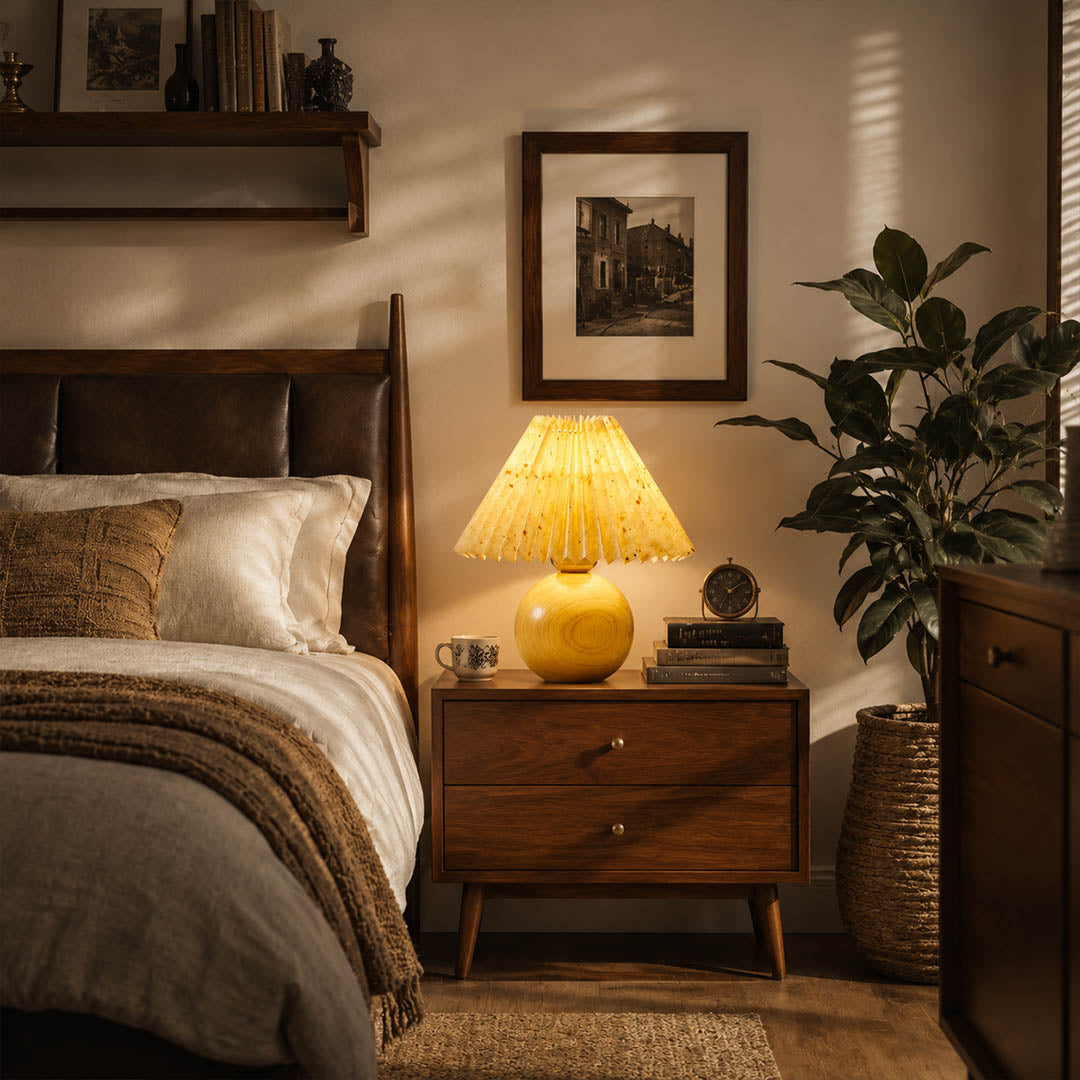 Mame table lamp small modern primary bedroom bedside nightstand small footprint compact khaki fabric wooden base wabi sabi Japanese inspired warm honey ambient cozy intimate lifestyle interior American home