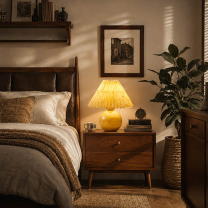 Mame table lamp small modern primary bedroom bedside nightstand small footprint compact khaki fabric wooden base wabi sabi Japanese inspired warm honey ambient cozy intimate lifestyle interior American home