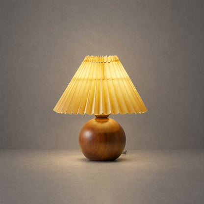 Mame table lamp small wooden base khaki fabric drum shade model A style 9.8 inch cube proportion wabi sabi Japanese inspired cute bedside vintage warm cozy white background