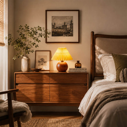 Mame table lamp matched pair symmetrical primary bedroom king bed bedside nightstands small compact wooden khaki fabric wabi sabi Japanese inspired warm ambient coordinated lifestyle interior American home
