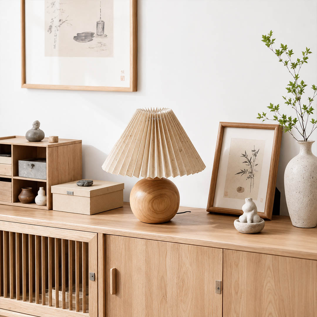 Mame table lamp small modern living room bookshelf side table books stack cozy reading small compact wooden khaki fabric wabi sabi Japanese inspired warm ambient intimate lifestyle interior American home
