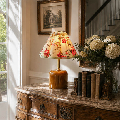 Marea ceramic table lamp modern entryway console illuminated etched ceramic fabric shade warm American home lifestyle interior