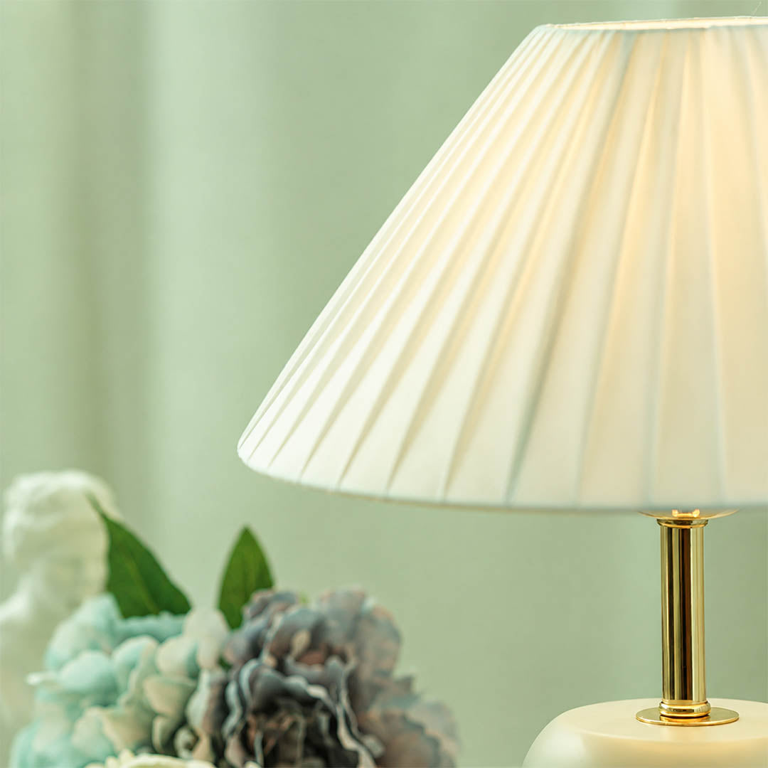 Marea ceramic table lamp fabric shade texture diffused soft warm light detail close up