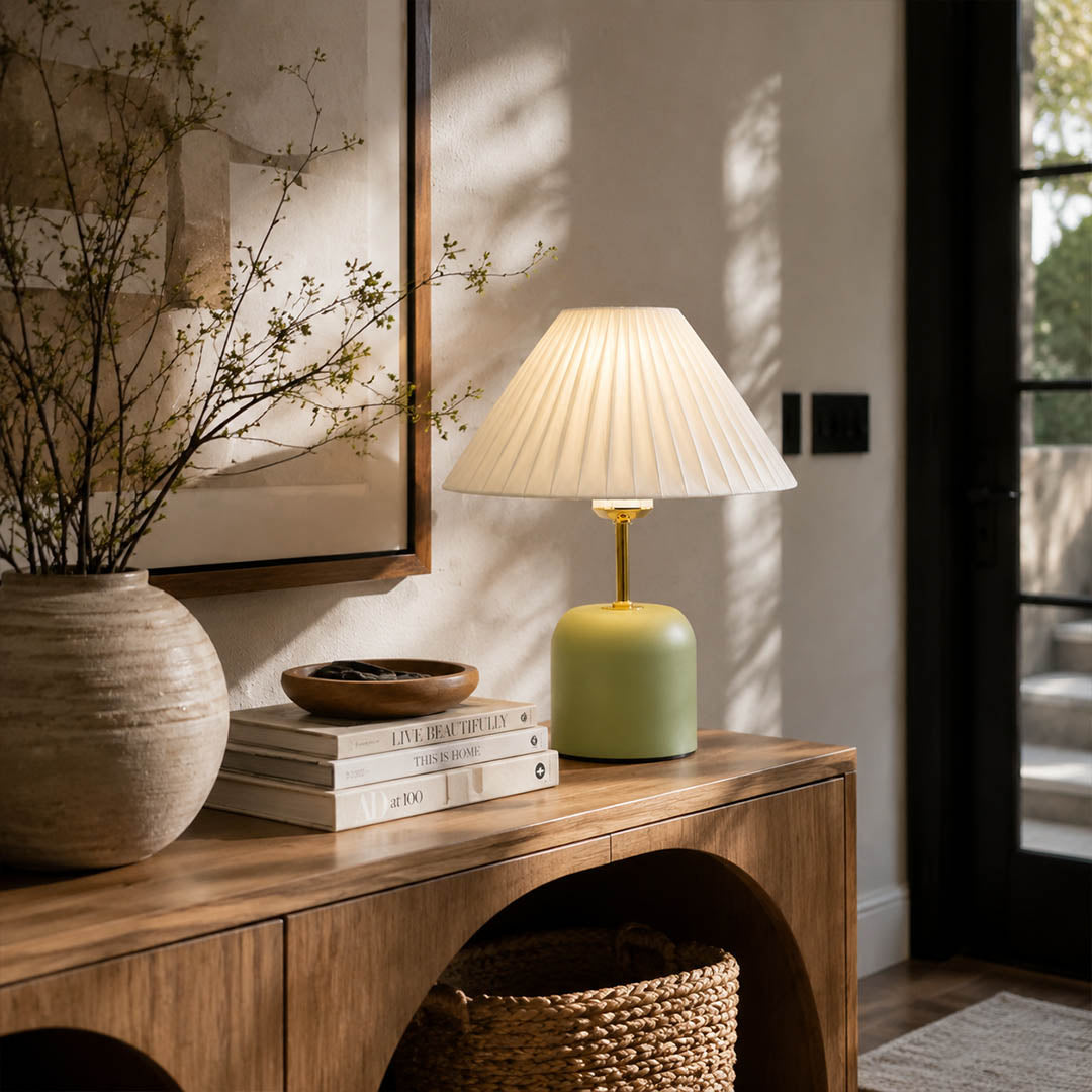 Marea ceramic table lamp modern entryway console illuminated etched ceramic fabric shade warm American home lifestyle interior