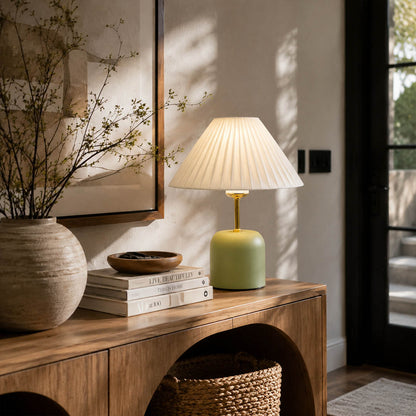 Marea ceramic table lamp modern entryway console illuminated etched ceramic fabric shade warm American home lifestyle interior