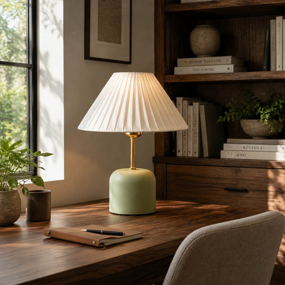 Marea ceramic table lamp study reading nook etched ceramic fabric shade warm glow classic American home lifestyle interior