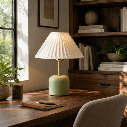 Marea ceramic table lamp study reading nook etched ceramic fabric shade warm glow classic American home lifestyle interior