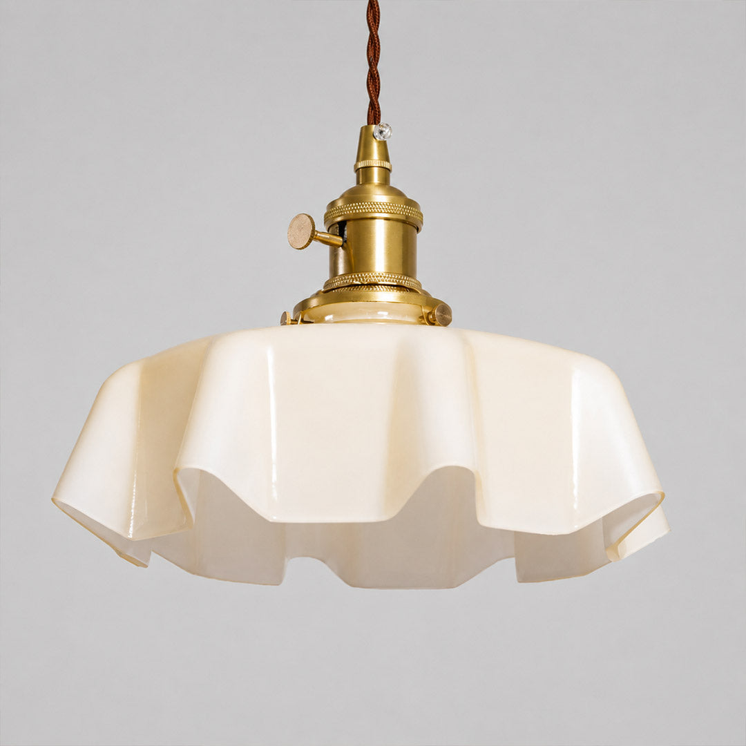 Margaux pleated glass mini pendant Beige brass stem French vintage Boudoir 9.8 inch warm neutral white background