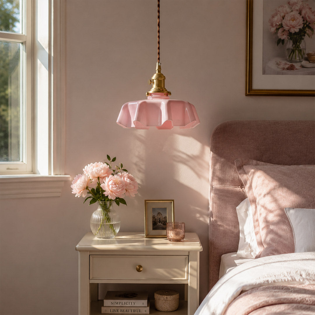 Margaux Pink pleated glass pendant master bedroom Boudoir vanity feminine French vintage romantic warm soft glow interior