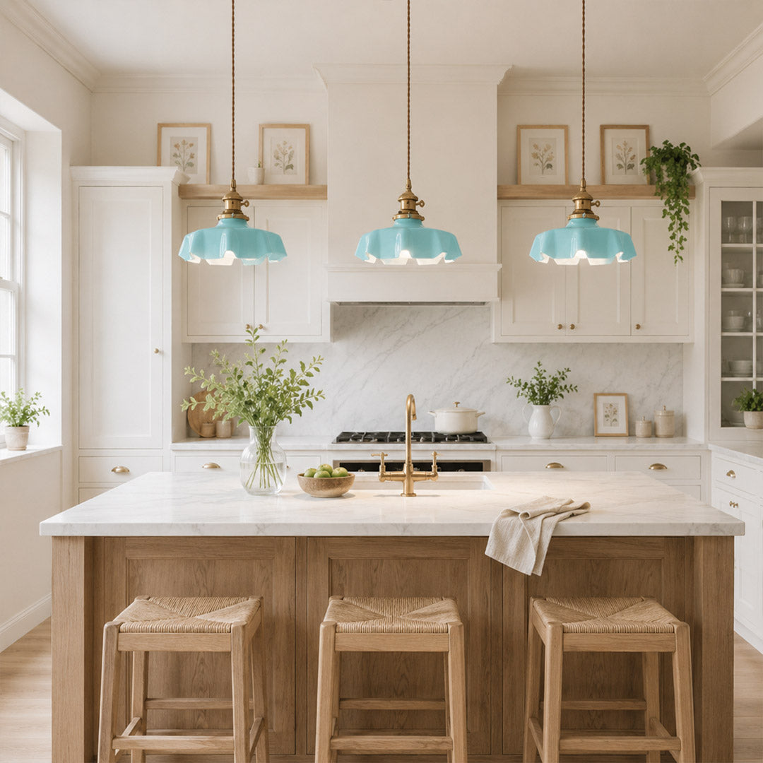 Margaux Blue pleated glass pendant trio kitchen island Maximalist Cottagecore colorful French vintage modern interior