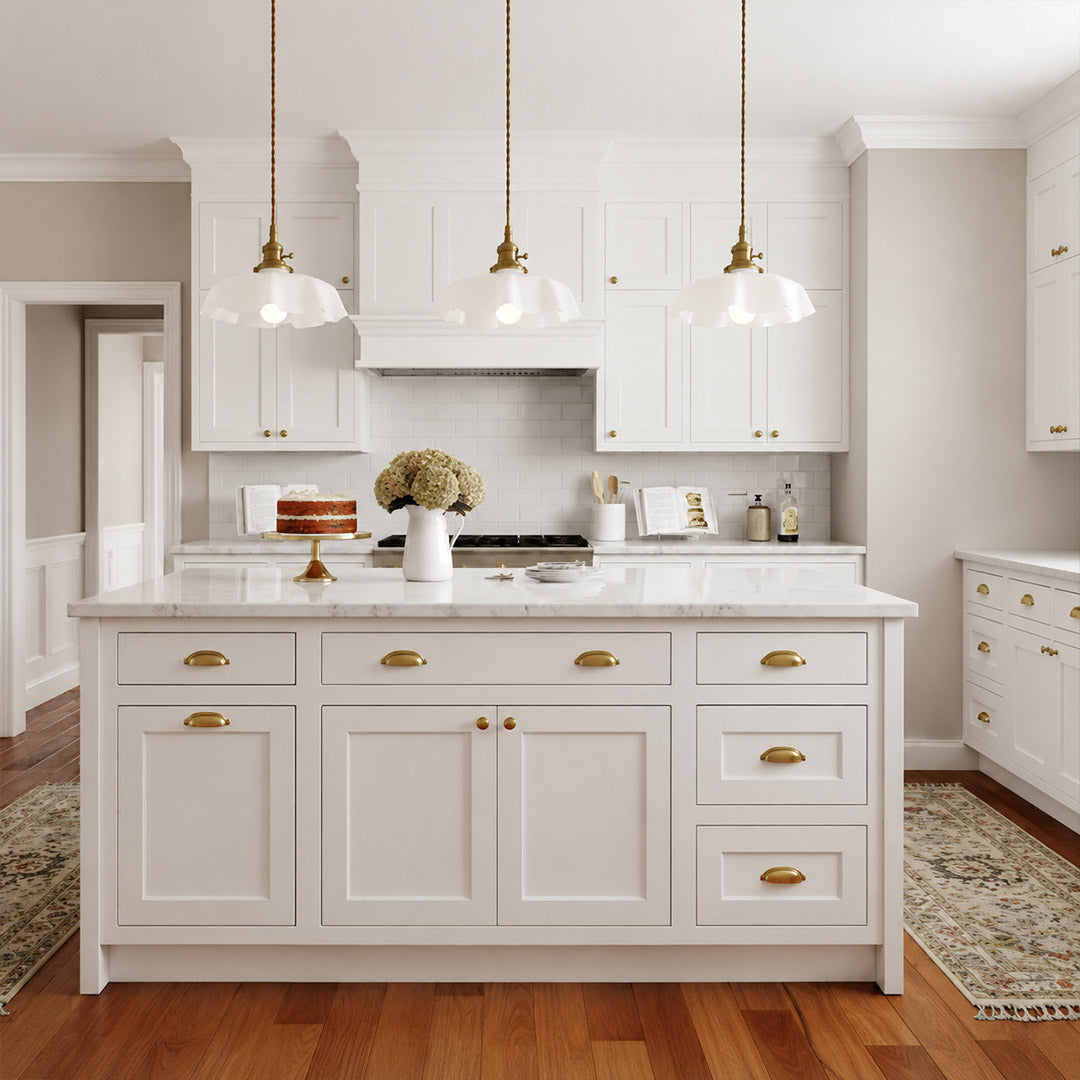 Margaux Blue pleated glass pendant trio kitchen island Maximalist Cottagecore colorful French vintage modern interior