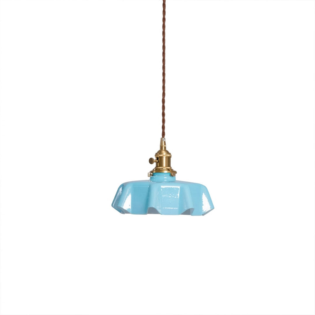 Margaux pleated glass mini pendant Blue brass stem French vintage Maximalist Cottagecore 9.8 inch white background