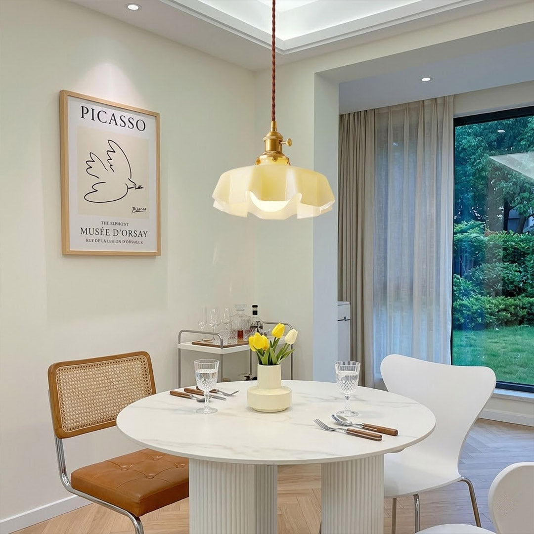 Margaux White pleated glass pendant French vintage dining room elegant Parisian inspired warm Edison glow interior