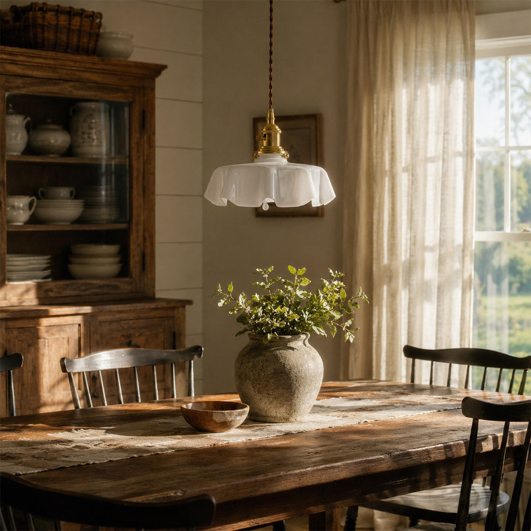 Margaux White pleated glass pendant French vintage dining room elegant Parisian inspired warm Edison glow interior