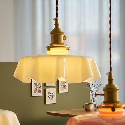 Margaux brass stem polished warm glow illuminated pleated glass shade close up detail French vintage