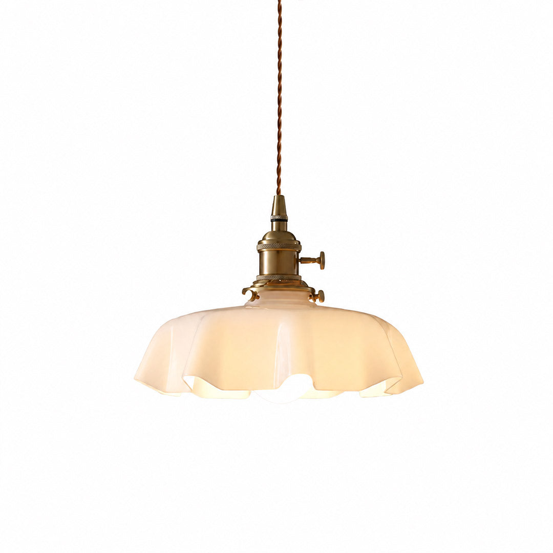Margaux pleated glass mini pendant Beige brass stem French vintage Boudoir 9.8 inch warm neutral white background