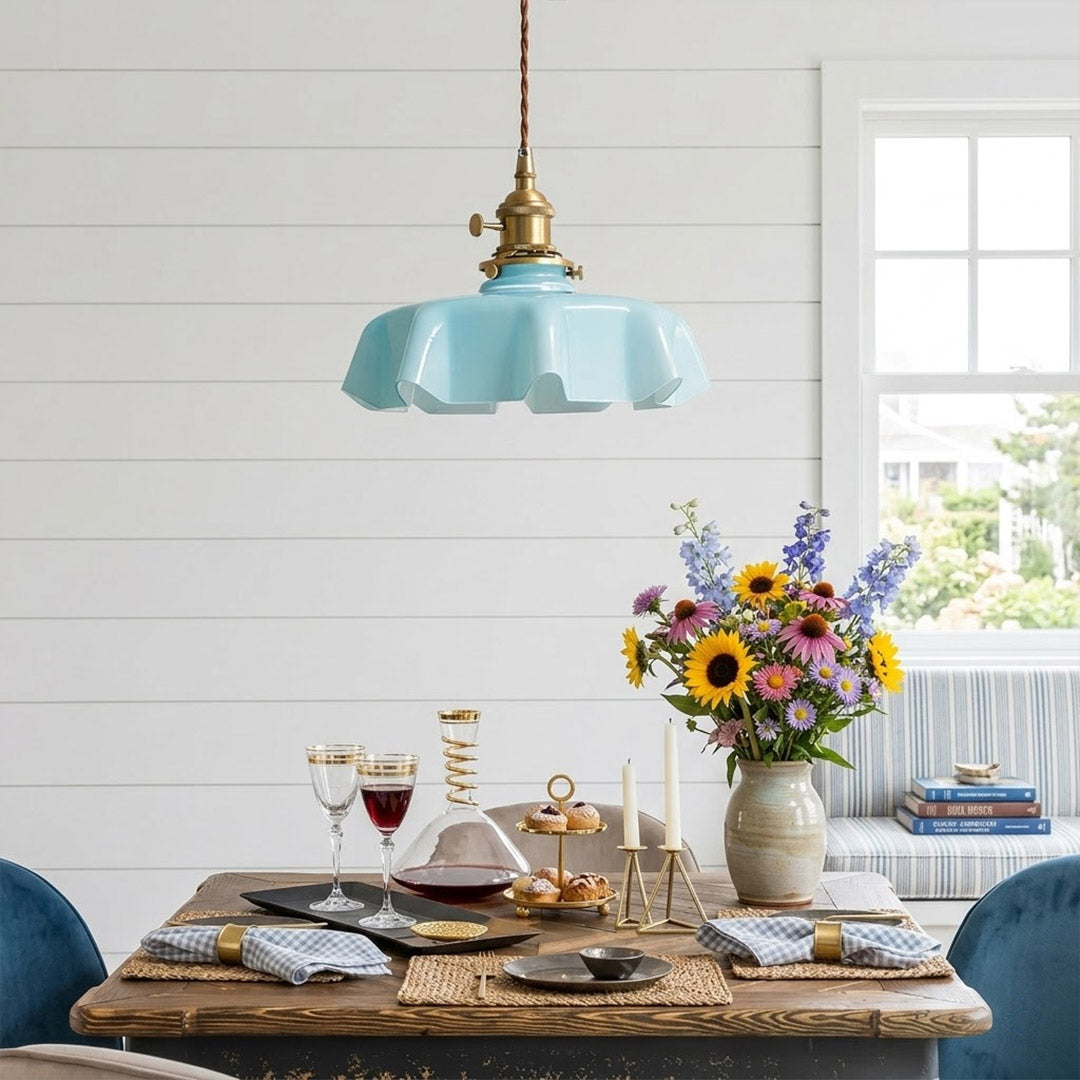 Margaux Blue pleated glass pendant trio kitchen island Maximalist Cottagecore colorful French vintage modern interior
