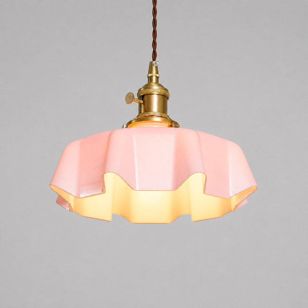 Margaux pleated glass mini pendant Pink brass stem French vintage Boudoir feminine bedroom 9.8 inch white background