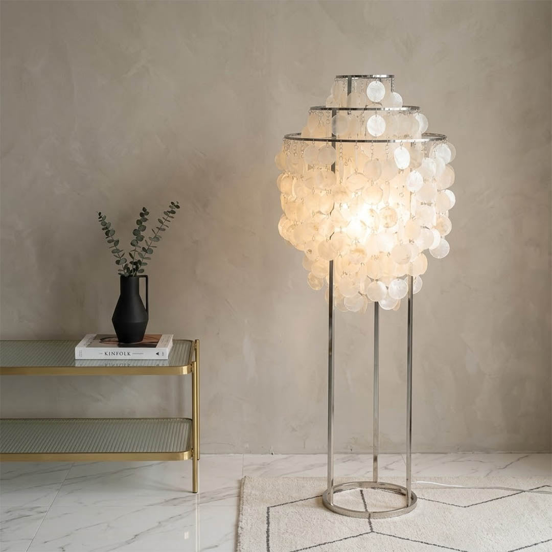 Marina Chrome Capiz shell floor lamp modern coastal living room sleek minimalist warm glow Hampton lifestyle interior