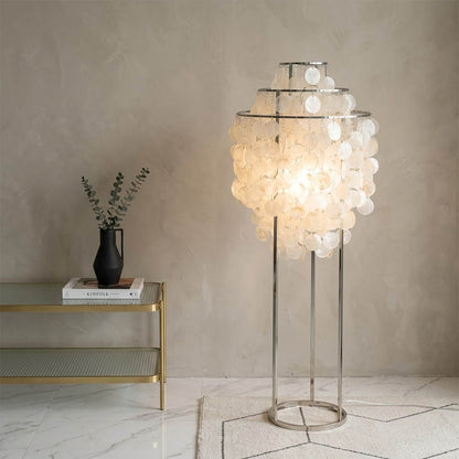 Marina Chrome Capiz shell floor lamp modern coastal living room sleek minimalist warm glow Hampton lifestyle interior