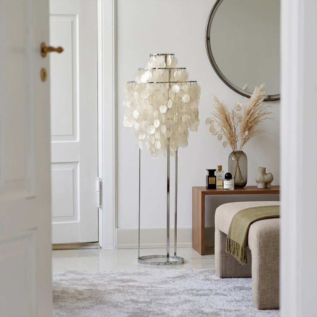 Marina Gold Capiz shell floor lamp beach house living room corner Coastal Hampton white wood interior warm glow natural lifestyle