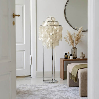Marina Gold Capiz shell floor lamp beach house living room corner Coastal Hampton white wood interior warm glow natural lifestyle