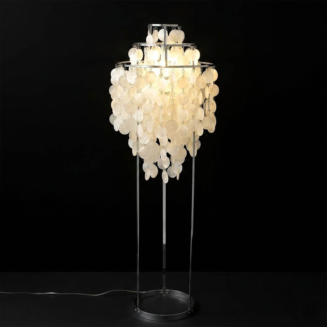 Marina illuminated Capiz shells warm 2700K glow evening atmosphere pearl iridescent Coastal Boho detail close up