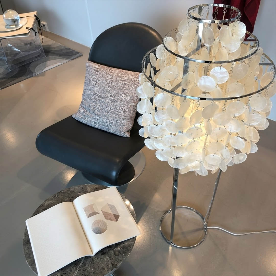 Marina Gold Capiz shell floor lamp Boho Bohemian reading corner rattan plants warm glow natural Coastal Cottagecore lifestyle