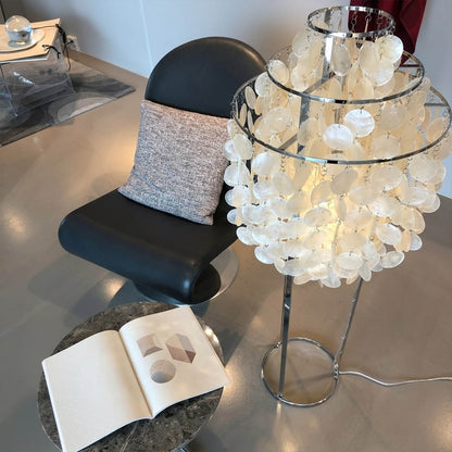 Marina Gold Capiz shell floor lamp Boho Bohemian reading corner rattan plants warm glow natural Coastal Cottagecore lifestyle
