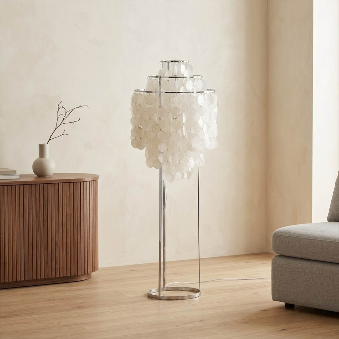 Marina Gold Capiz shell floor lamp sofa side accent placement Coastal modern living room warm pearl glow lifestyle