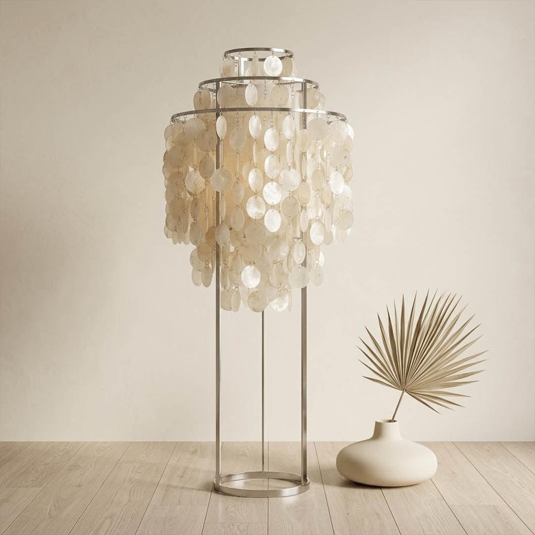 Marina Gold Capiz shell floor lamp beach house living room corner Coastal Hampton white wood interior warm glow natural lifestyle
