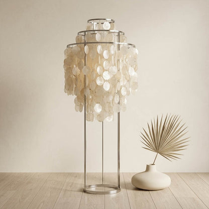 Marina Gold Capiz shell floor lamp beach house living room corner Coastal Hampton white wood interior warm glow natural lifestyle