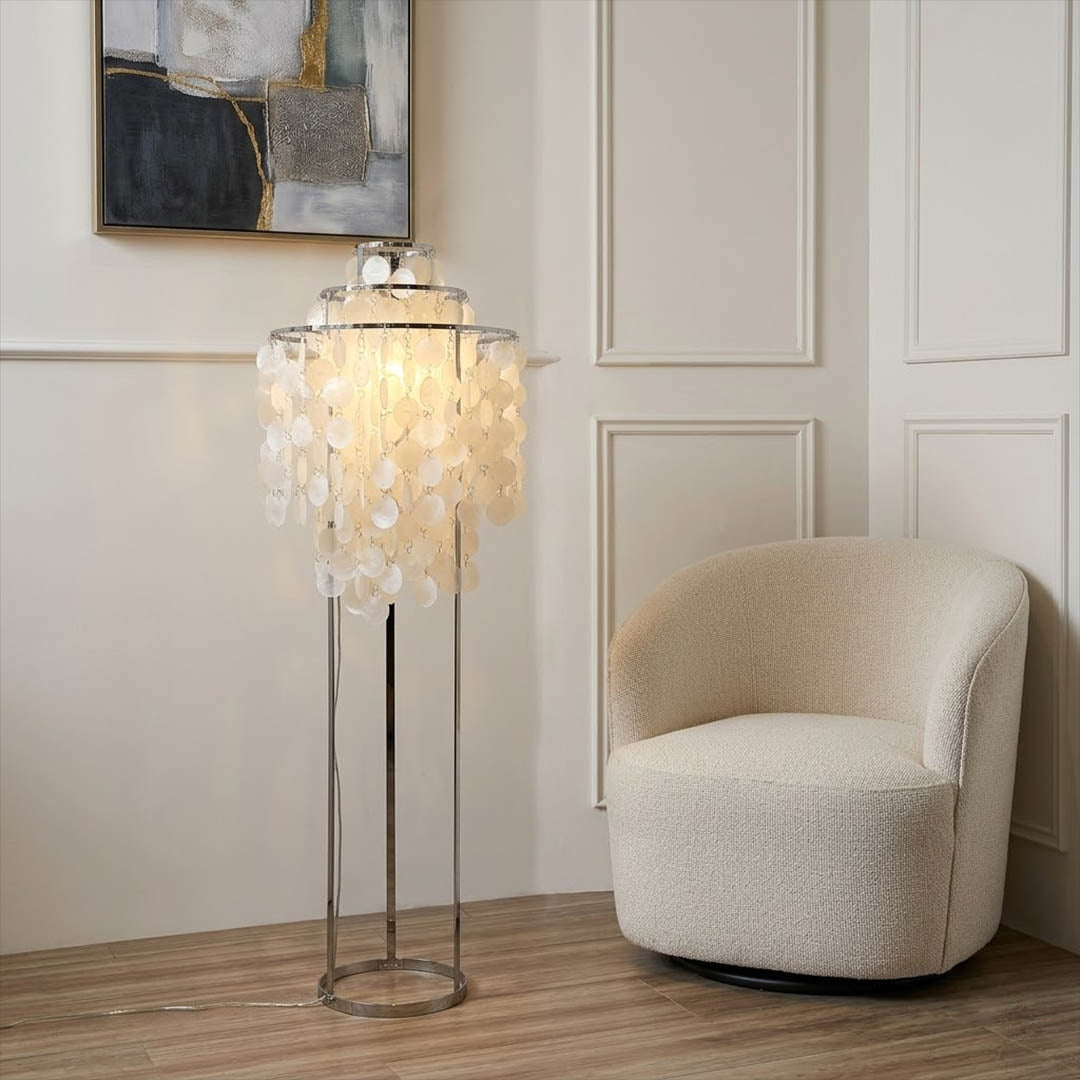 Marina Gold Capiz shell floor lamp Boho Bohemian reading corner rattan plants warm glow natural Coastal Cottagecore lifestyle