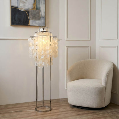 Marina Gold Capiz shell floor lamp Boho Bohemian reading corner rattan plants warm glow natural Coastal Cottagecore lifestyle
